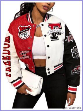 Women's Varsity Letterman Cropped Bomber Jacket Cotton Blend Snap